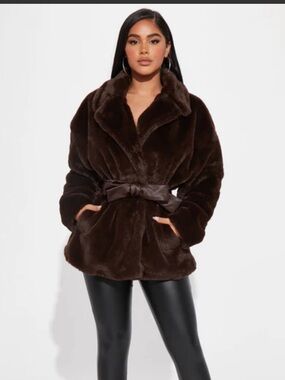 FN Plush Faux Fur Belted Jacket - Chocolate Brown